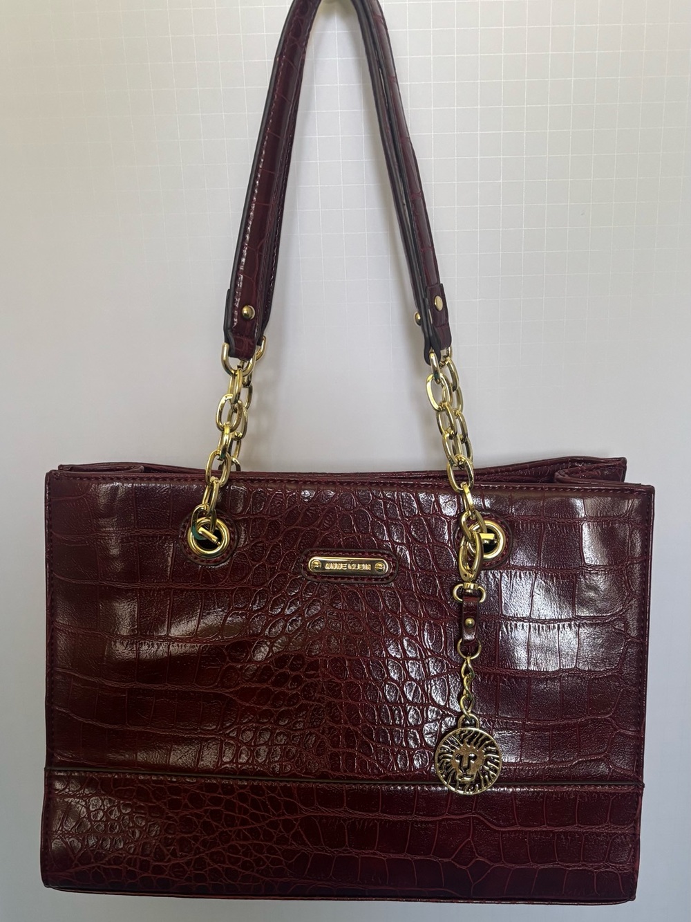 Anne Klein Faux-Croc Leather Tote Bag in Deep Burgundy - Gold Hardware